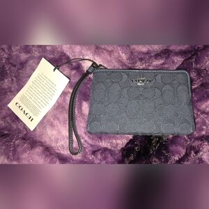 Coach Denim Blue Corner Zip Signature Wristlet with Removable Strap